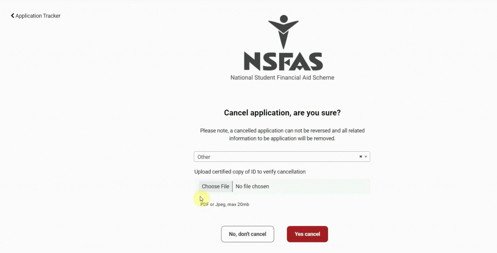 NSFAS cancelation screen