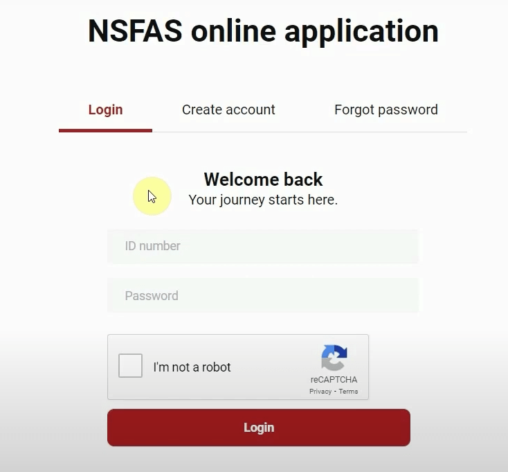 NSFAS login screen